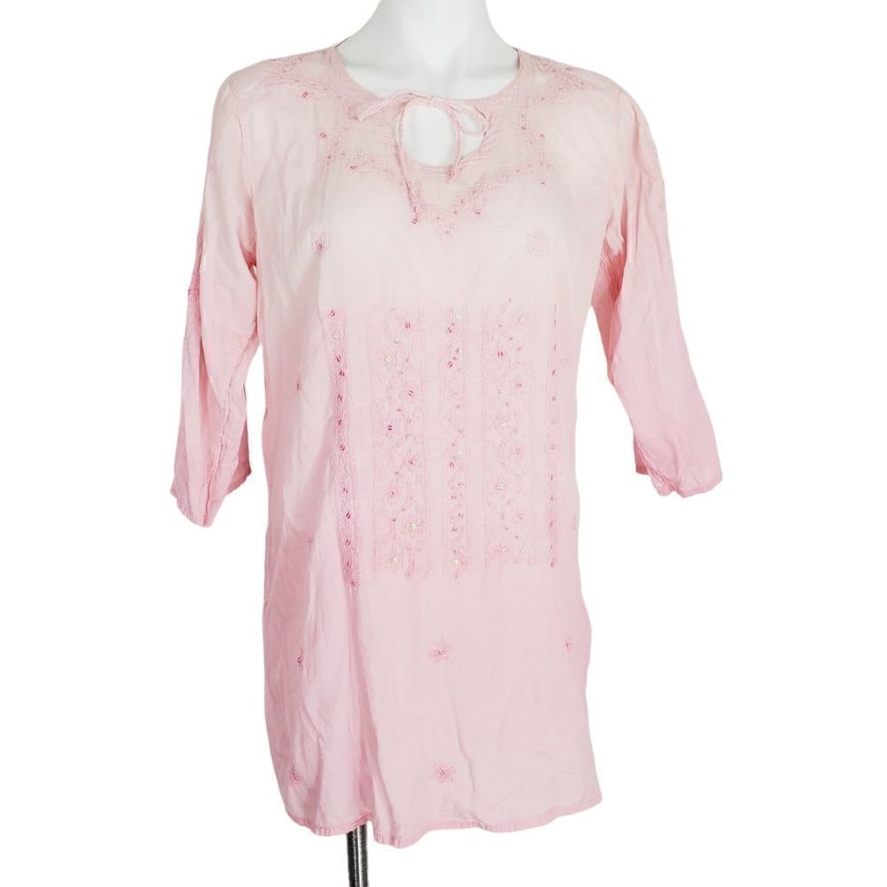 Bella Sol pink Ombre sequin embroidered bathing suit cover tunic keyhole tie nec